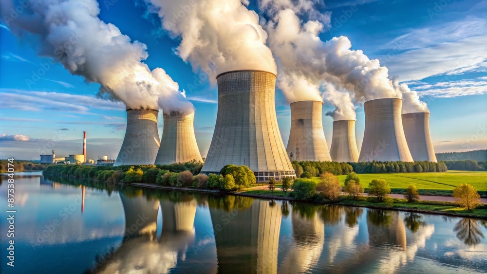 Aerial View of Nuclear Power Plant Cooling Towers with Reflections in Water Aerial View of Nuclear Power Plant Cooling Towers with Reflections in Water