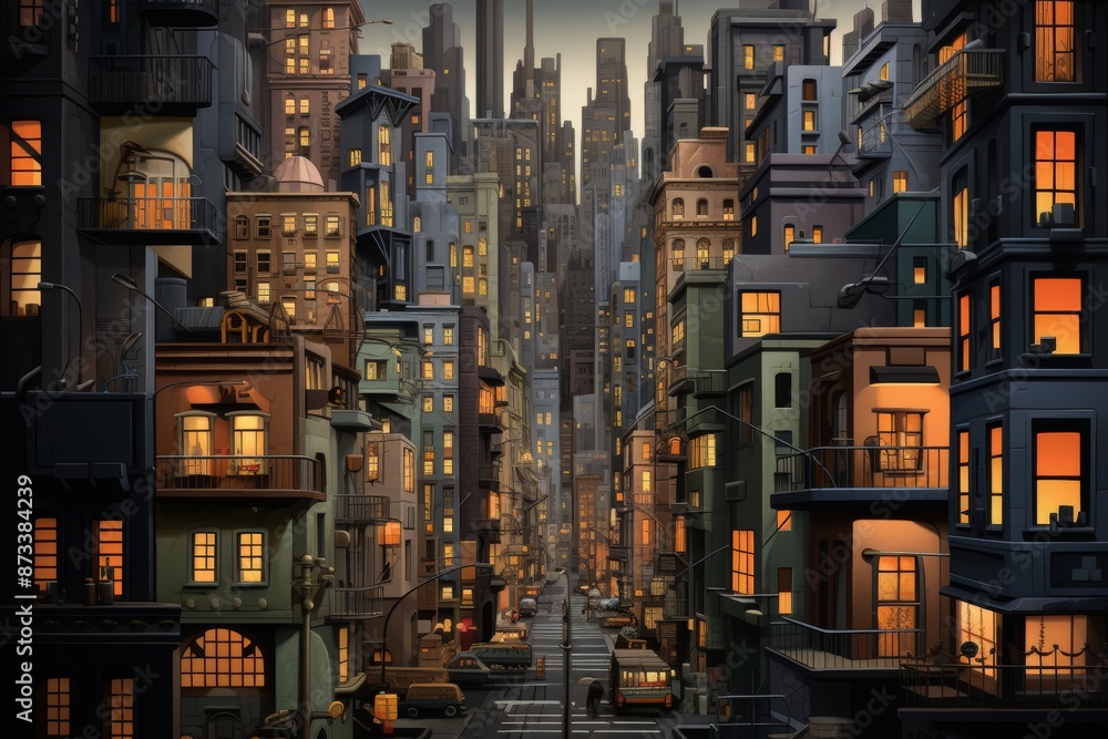 Urban night cityscape with warm orange window glow and graphite colored buildings Urban night cityscape with warm orange window glow and graphite colored buildings