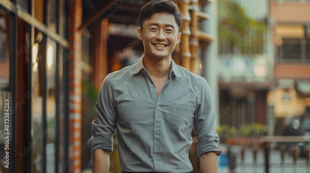 Fototapeta premium East asian handsome man smiling Hands in a pockets