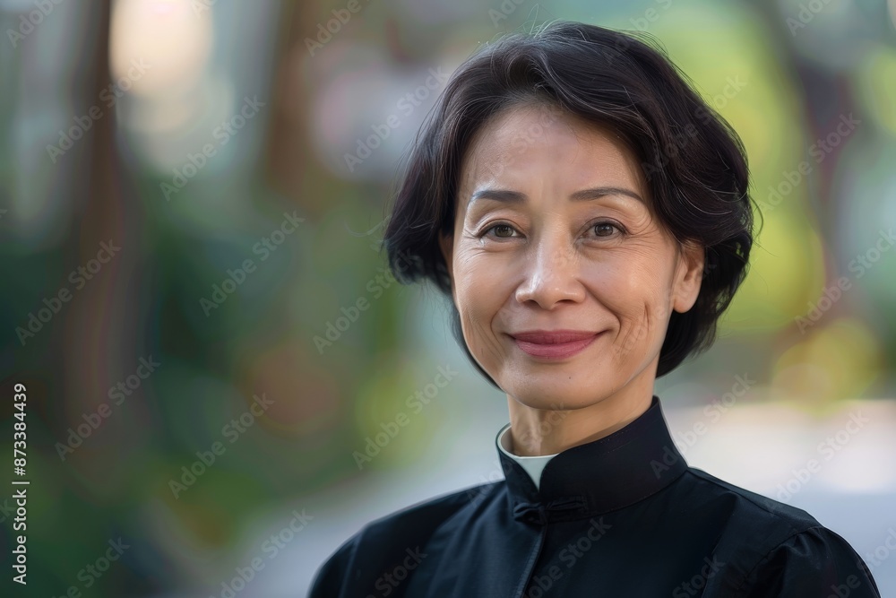 A clergywoman with short hair is smiling while standing outdoors in a serene environment. The background features natural greenery, providing a peaceful atmosphere. A clergywoman with short hair is smiling while standing outdoors in a serene environment. The background features natural greenery, providing a peaceful atmosphere.