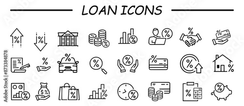 Loan, tax and fees line icons. Discount and Investment vector linear icon set.