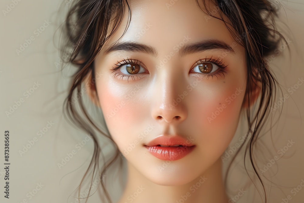 Close-up portrait of young Asian beautiful woman with K-beauty make up style and healthy and perfect skin isolated on beige background for skincare commercial product advertising. Close-up portrait of young Asian beautiful woman with K-beauty make up style and healthy and perfect skin isolated on beige background for skincare commercial product advertising.