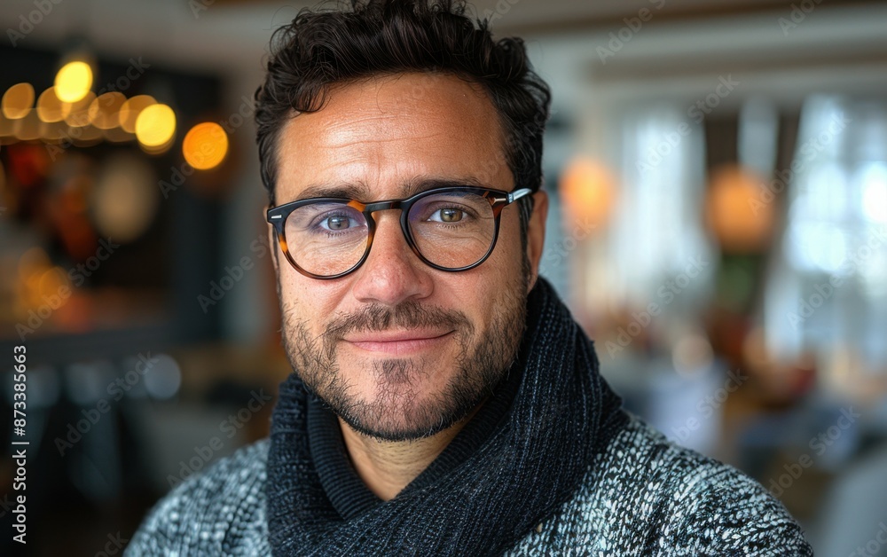 A man with dark hair and a beard, wearing glasses and a scarf, smiles at the camera in a cafe setting A man with dark hair and a beard, wearing glasses and a scarf, smiles at the camera in a cafe setting