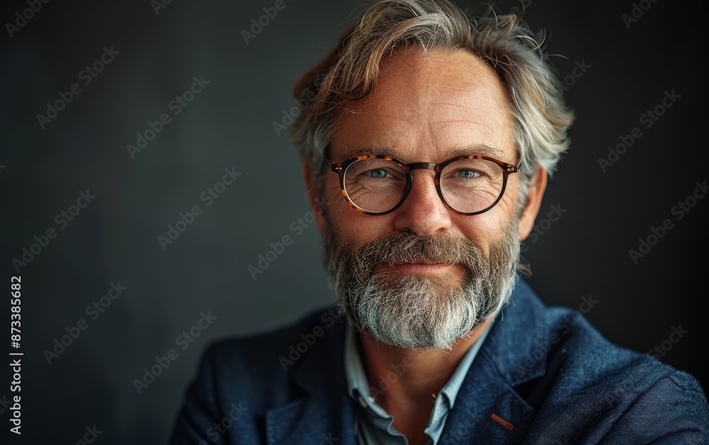 A middle-aged man with grey hair and a long beard is smiling at the camera. He is wearing eyeglasses and a blue jacket A middle-aged man with grey hair and a long beard is smiling at the camera. He is wearing eyeglasses and a blue jacket