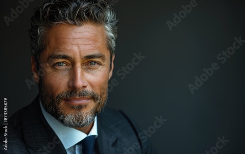 A man with grey hair and a beard is wearing a suit and tie. He is looking directly at the camera with a slight smile. The background is a dark, blurred color © imagineRbc