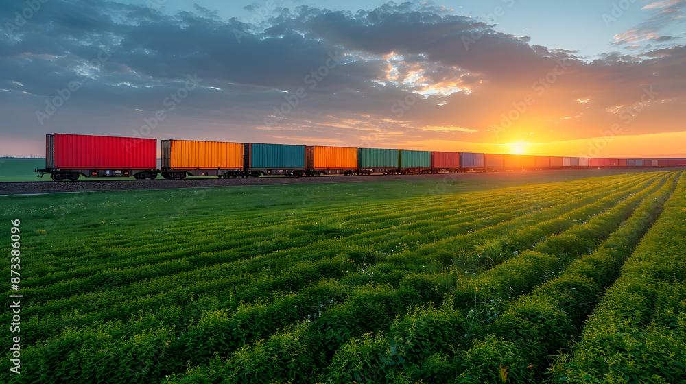 Obraz premium Economic Pulse: Freight Train Rolling Through the Sunset