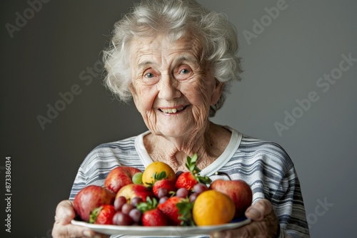 An elderly woman with a big smile holds a bowl filled with an assortment of fresh fruits, including apples, strawberries, grapes, and oranges, showcasing joy and healthy living.