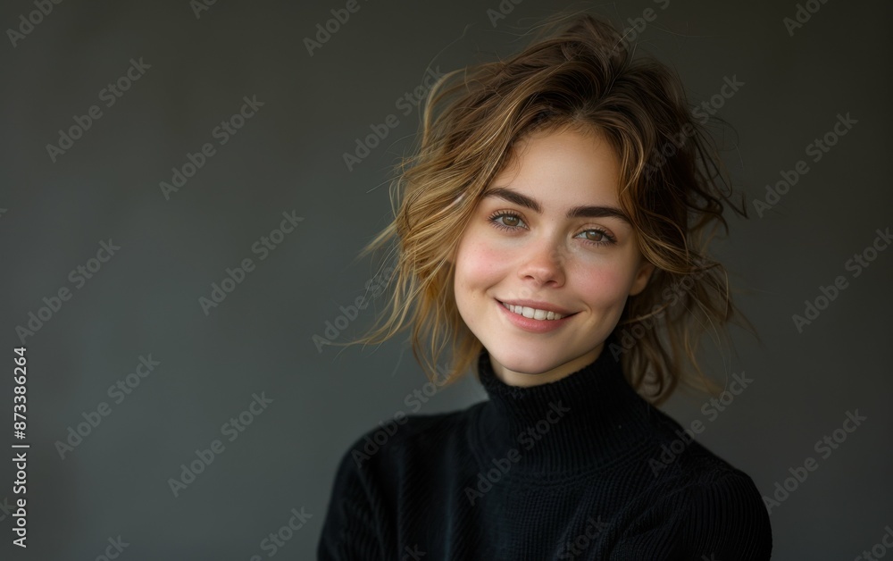 A young woman with blonde hair smiles at the camera during a studio portrait session A young woman with blonde hair smiles at the camera during a studio portrait session