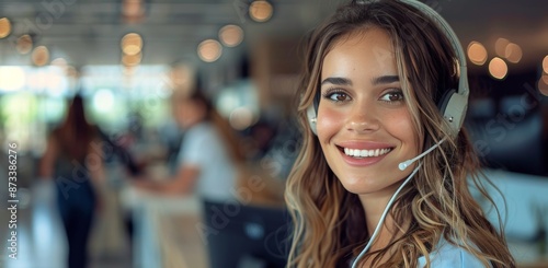 Smiling Customer Service Representative Wearing Headset in Office