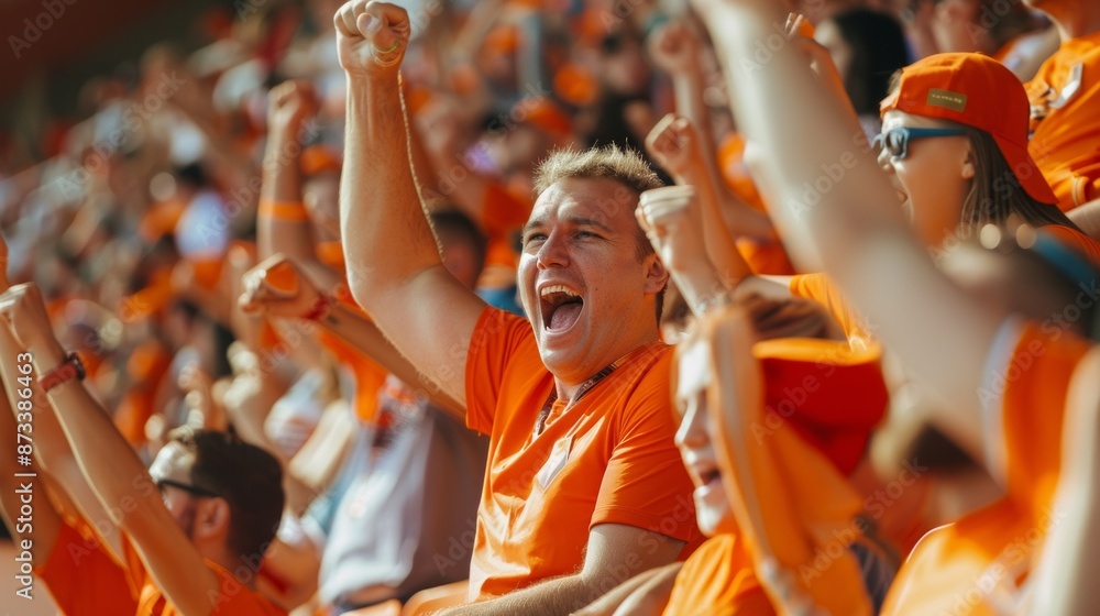 Excited Fans Cheering at a Sports Event in Orange Outfits, crowd, stadium, event, joy concept Excited Fans Cheering at a Sports Event in Orange Outfits, crowd, stadium, event, joy concept