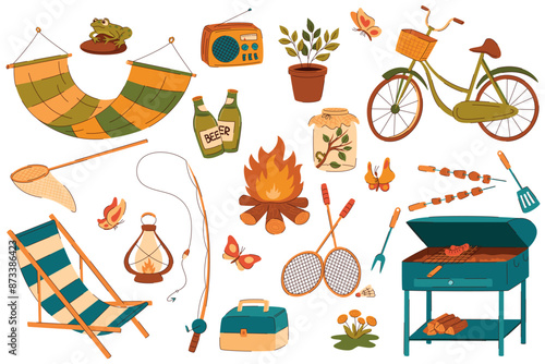 Country holiday kit vector. Vacation trip, picnic, relaxation, fishing, barbecue, active recreation. Rural and outdoor recreation isolated on white background