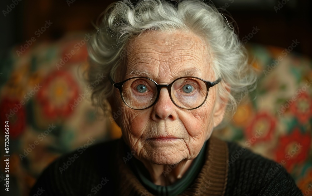 A close-up portrait of an elderly woman with grey hair, wearing glasses, looking directly at the camera A close-up portrait of an elderly woman with grey hair, wearing glasses, looking directly at the camera