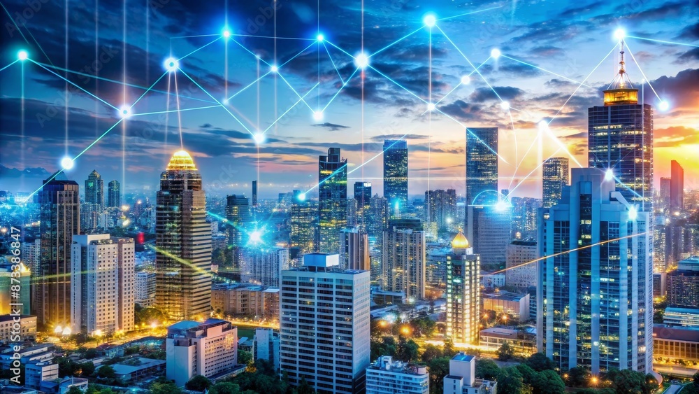 Naklejka premium Connected Cityscape at Dusk with Network Lines