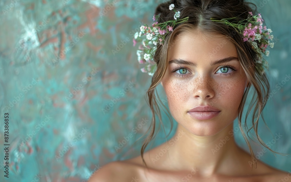 A young woman with long brown hair and a floral crown stares intently at the camera. She is wearing no makeup and has a natural beauty A young woman with long brown hair and a floral crown stares intently at the camera. She is wearing no makeup and has a natural beauty