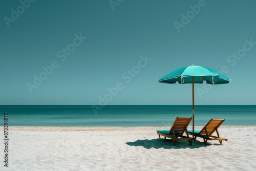A serene beach scene showing a teal umbrella shading two wooden chairs on a wide stretch of sandy beach, with a calm, expansive ocean meeting the horizon under a clear blue sky.