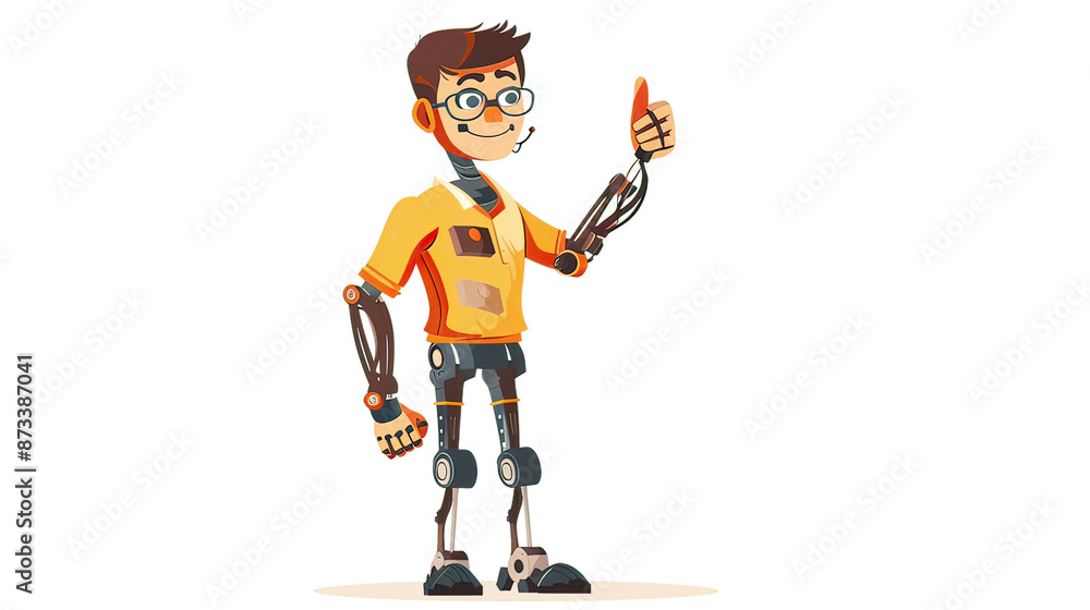 Disabled man with robotic hand prosthesis showing thumbs up, cartoon vector illustration, isolated on white background, vibrant colors, modern style, human cybernetization concept Disabled man with robotic hand prosthesis showing thumbs up, cartoon vector illustration, isolated on white background, vibrant colors, modern style, human cybernetization concept