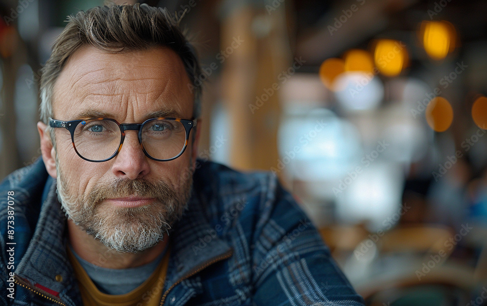A middle-aged man with a beard and glasses stares intently at the camera. He is wearing a blue plaid shirt. The background is blurred with warm, out-of-focus lighting A middle-aged man with a beard and glasses stares intently at the camera. He is wearing a blue plaid shirt. The background is blurred with warm, out-of-focus lighting