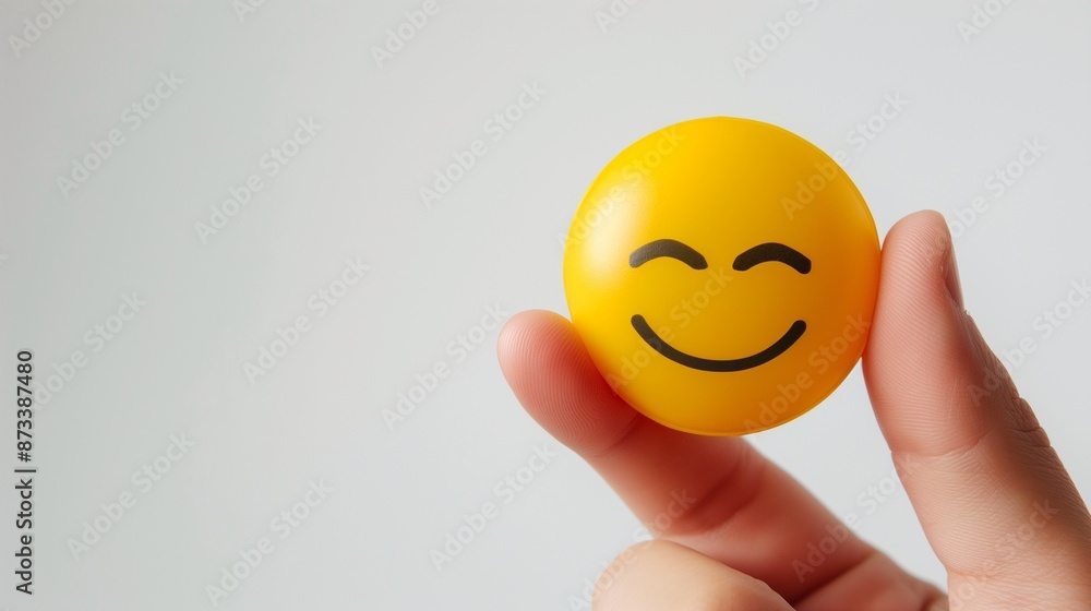 Hand holding a yellow smiling emoji ball against a plain white background, symbolizing happiness and simplicity in a horizontal layout Hand holding a yellow smiling emoji ball against a plain white background, symbolizing happiness and simplicity in a horizontal layout