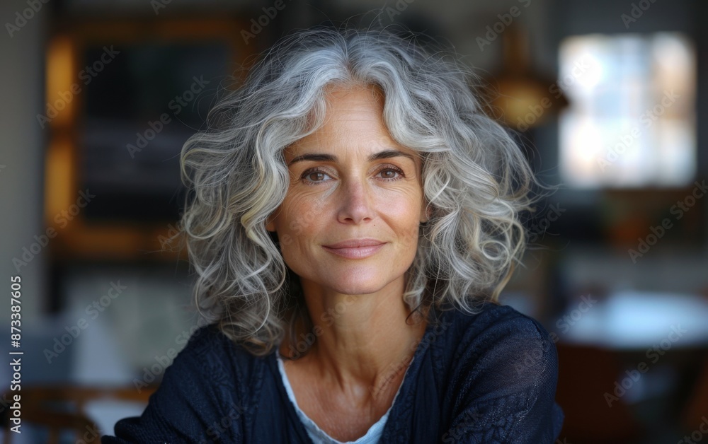 A woman with silver, wavy hair smiles warmly at the camera. The background is slightly out of focus A woman with silver, wavy hair smiles warmly at the camera. The background is slightly out of focus