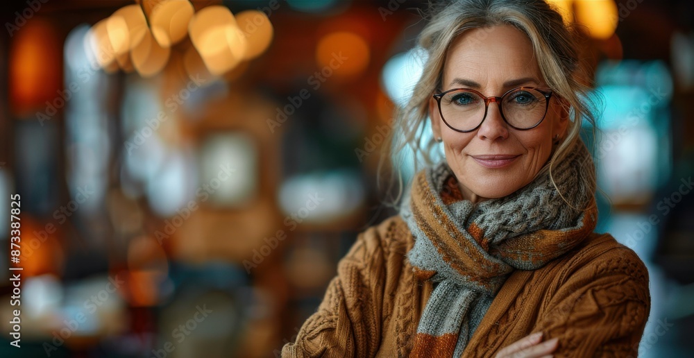 Blonde woman in brown sweater, grey-orange scarf, round glasses smiles in cafe with blurred lights/tables in background Blonde woman in brown sweater, grey-orange scarf, round glasses smiles in cafe with blurred lights/tables in background