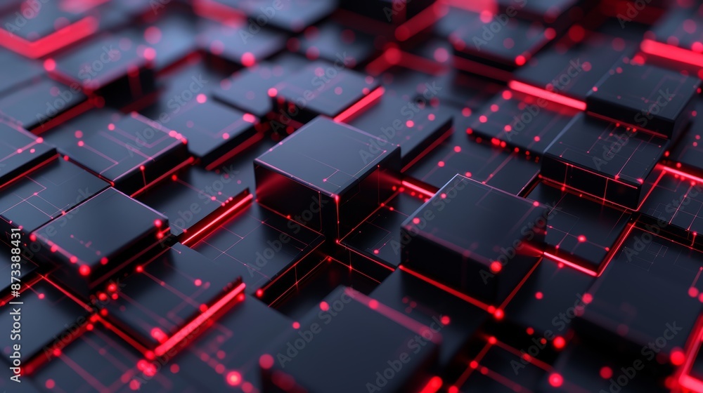 Obraz premium Innovative blockchain imagery with abstract 3D blocks and dynamic red lines depicting data flow, designed in a cybernetic style, focus cover all object