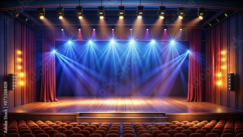 Empty Stage with Red Curtains and Spotlights