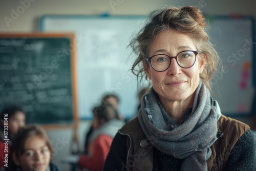 An experienced teacher confidently leads a classroom of engaged students, embodying knowledge, wisdom, and mentorship AIG58 photo