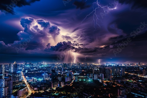 Dramatic night scene of a thunderstorm with multiple lightning strikes illuminating a cityscape, showcasing the juxtaposition of nature's power and urban life in an intense visual display.