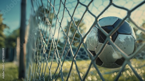 soccer ball in goal net. Soccer ball, Close up of a soccer ball in the football stadium. Goal Winning celebration	 photo