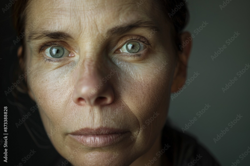 A close-up shot of a woman with piercing green eyes and a calm demeanor, showcasing every detail and texture of her face under natural light, in a focused and artistic style. A close-up shot of a woman with piercing green eyes and a calm demeanor, showcasing every detail and texture of her face under natural light, in a focused and artistic style.