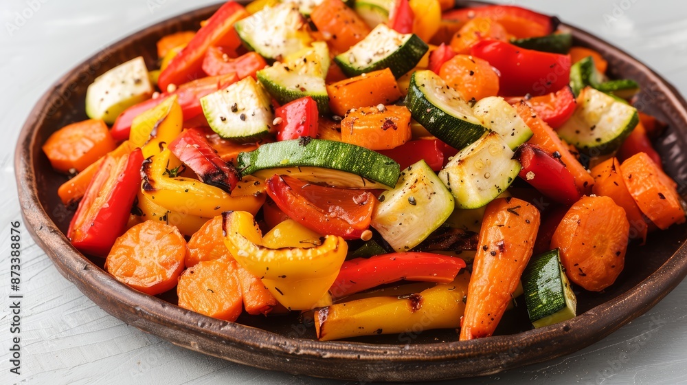 Roasted vegetable medley with carrots, bell peppers, and zucchini, arranged on a rustic platter, studio lighting Roasted vegetable medley with carrots, bell peppers, and zucchini, arranged on a rustic platter, studio lighting