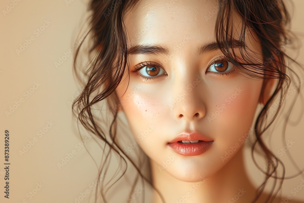 Close-up portrait of young Asian beautiful woman with K-beauty make up style and healthy and perfect skin isolated on beige background for skincare commercial product advertising. Close-up portrait of young Asian beautiful woman with K-beauty make up style and healthy and perfect skin isolated on beige background for skincare commercial product advertising.