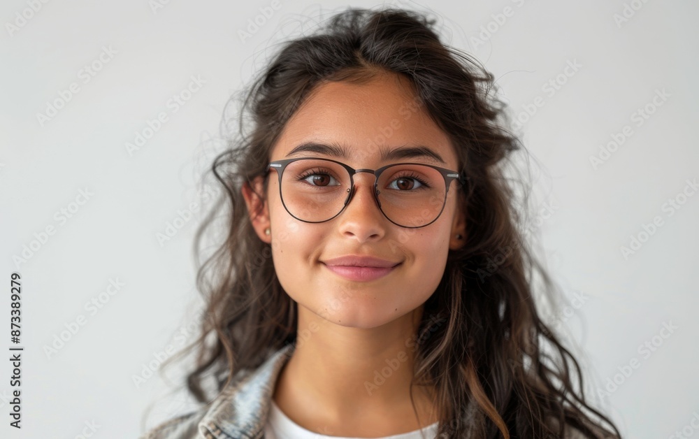 A young woman with long, dark, curly hair, wearing eyeglasses, smiles at the camera A young woman with long, dark, curly hair, wearing eyeglasses, smiles at the camera