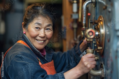 A woman in work overalls, smiling and handling a machine or equipment setting, represents a cheerful, diligent attitude in a manual and industrial work environment. photo