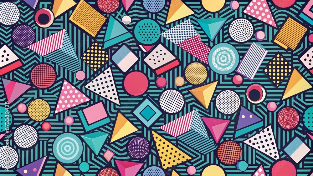 Naklejka premium Geometric Retro Seamless Pattern - Colorful Abstract Shapes on Teal Background