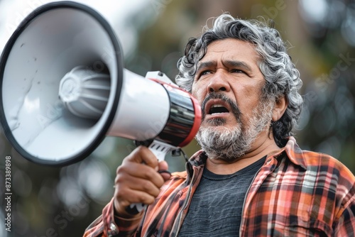 A man passionately shouts into a megaphone, enhancing his message's reach. This image depicts activism, leadership, and the urgency of voicing opinions strongly. © ChaoticMind