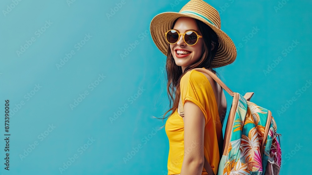 Travel banner. Happy young tourist woman wearing beach hat, sunglasses and backpacks going to travel on holidays on blue background Travel banner. Happy young tourist woman wearing beach hat, sunglasses and backpacks going to travel on holidays on blue background