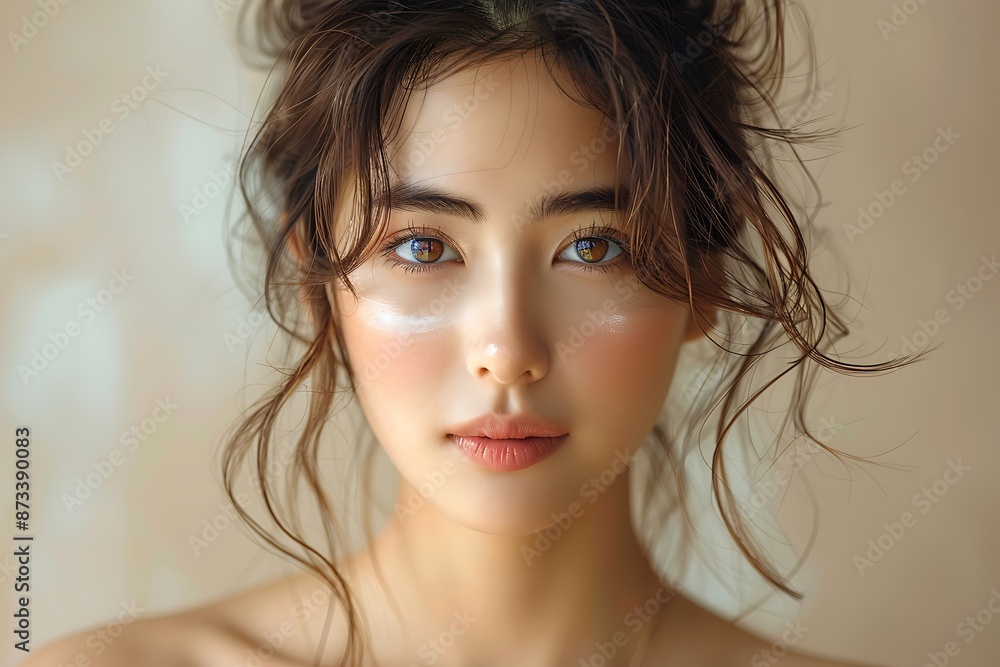Close-up portrait of young Asian beautiful woman with K-beauty make up style and healthy and perfect skin isolated on beige background for skincare commercial product advertising. Close-up portrait of young Asian beautiful woman with K-beauty make up style and healthy and perfect skin isolated on beige background for skincare commercial product advertising.