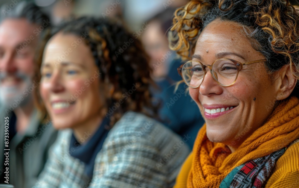 A diverse group of office colleagues are smiling and engaged in a conversation during a meeting A diverse group of office colleagues are smiling and engaged in a conversation during a meeting