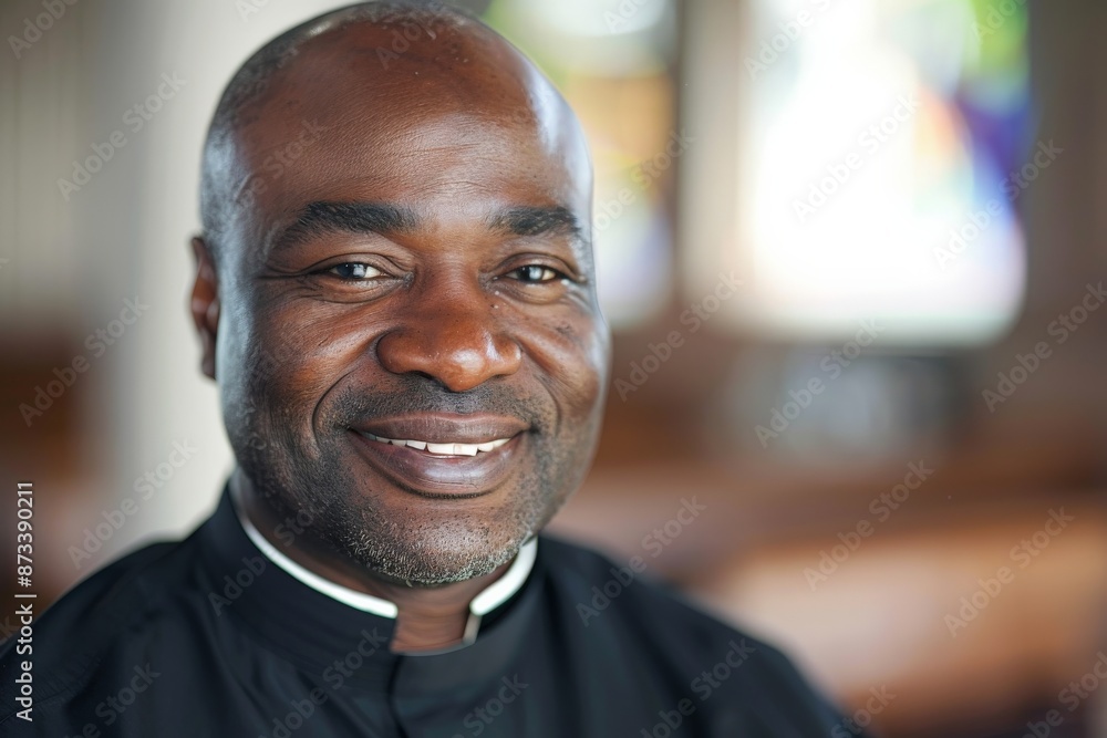 A friendly middle-aged man with a warm smile standing in a church interior, dressed in clerical attire, emanating a welcoming and positive demeanor. A friendly middle-aged man with a warm smile standing in a church interior, dressed in clerical attire, emanating a welcoming and positive demeanor.