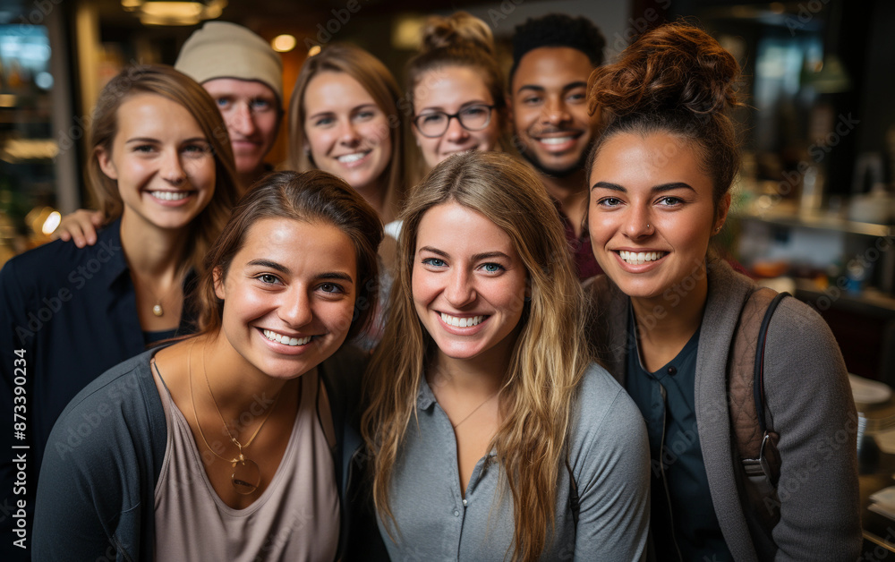 A group of young adults, diverse in race and gender, stand in a line with smiles, looking at the camera A group of young adults, diverse in race and gender, stand in a line with smiles, looking at the camera