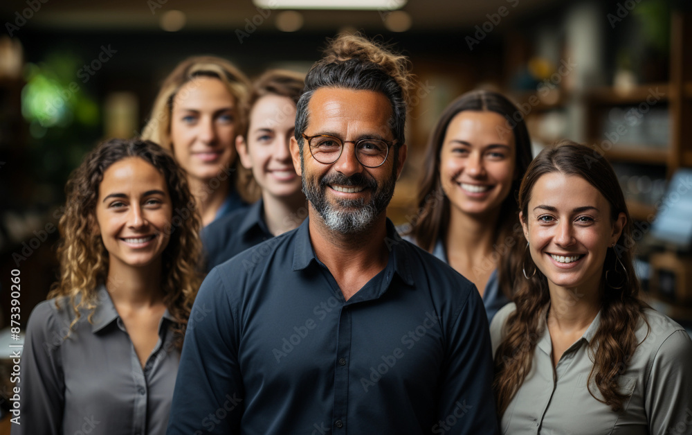Fototapeta premium A group of five diverse colleagues stand together in a modern office setting, smiling and looking happy