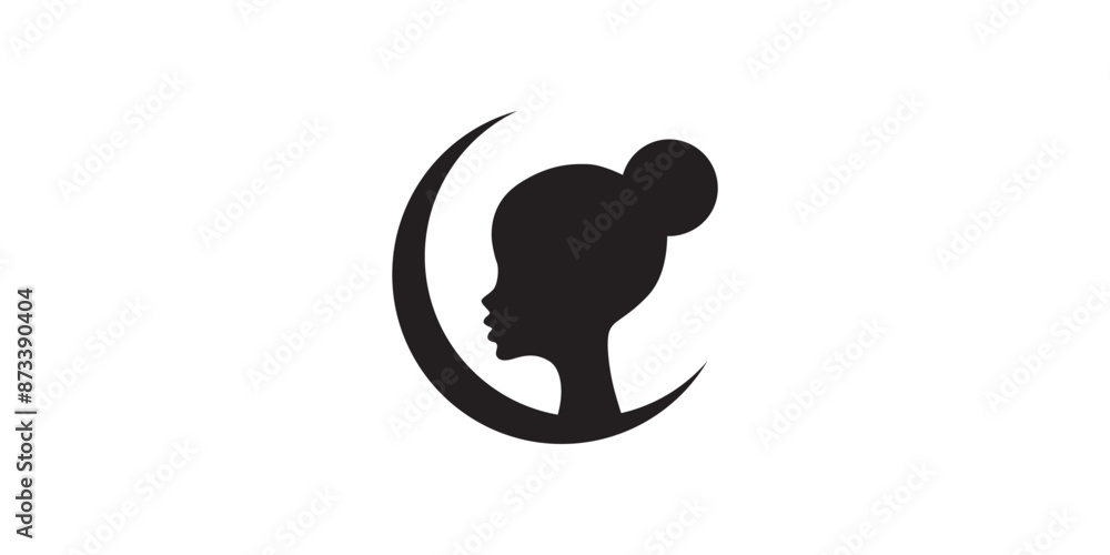 Elegant Female Silhouette with Moon Icon in Black and White Elegant Female Silhouette with Moon Icon in Black and White