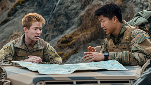 Two Military Personnel Planning Strategy with Map on Rugged Terrain