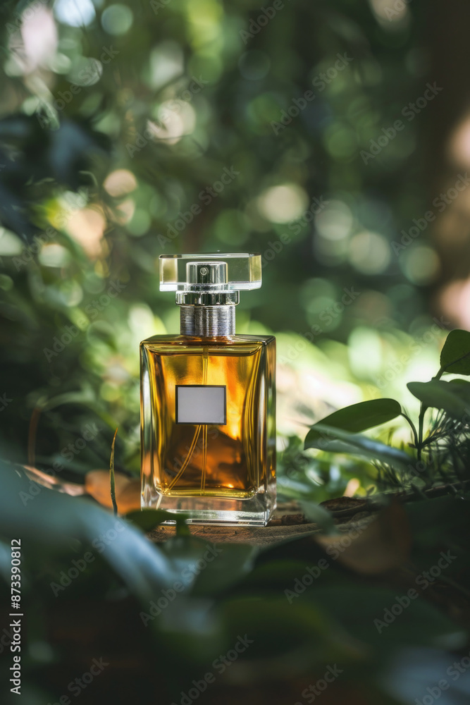A bottle of perfume is sitting on a wooden surface in a lush green forest. The bottle is clear and has a label on it. The scene is serene and peaceful A bottle of perfume is sitting on a wooden surface in a lush green forest. The bottle is clear and has a label on it. The scene is serene and peaceful