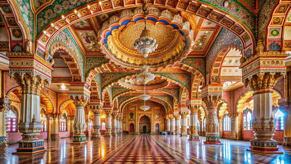 Inside the Mysore Palace, India - Ornate Hall with Columns and Ceiling Decorations Inside the Mysore Palace, India - Ornate Hall with Columns and Ceiling Decorations