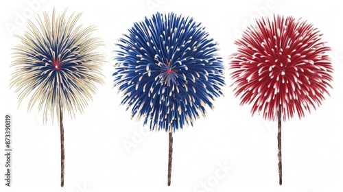 Three fireworks are shown in a row, with the middle one being the tallest. The fireworks are red, white, and blue, and they are all lit up. Concept of excitement and celebration photo