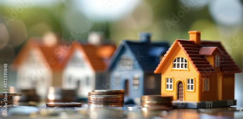 Miniature Yellow House Sitting on a Pile of Coins