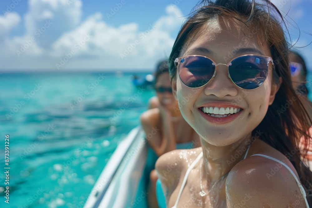 A young woman with sunglasses smiles confidently while on a boat with friends, enjoying a sunny day on the water. The image captures joy and freedom in a beautiful setting. A young woman with sunglasses smiles confidently while on a boat with friends, enjoying a sunny day on the water. The image captures joy and freedom in a beautiful setting.