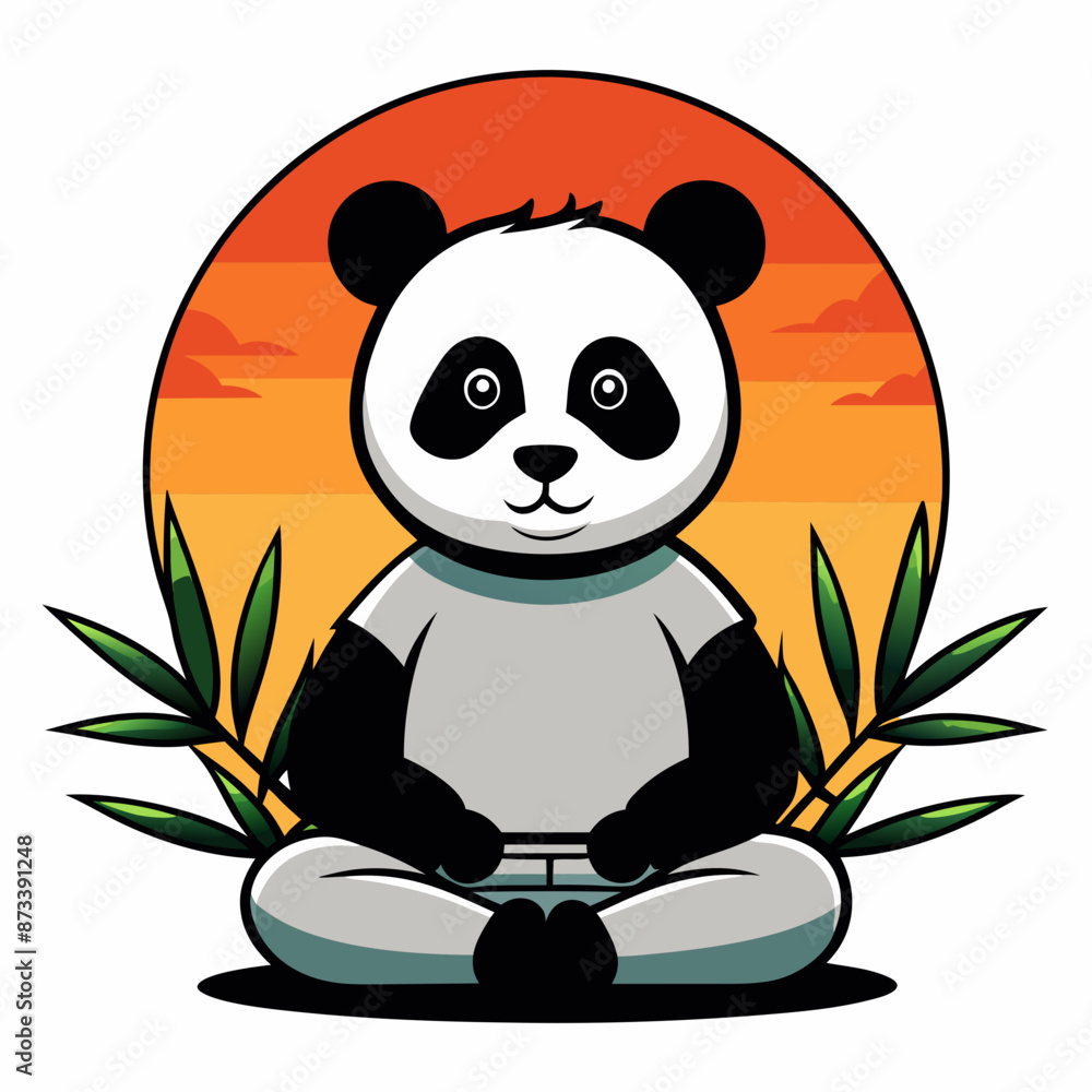 Panda in lotus position on bamboo leaf background with setting sun vector illustration Panda in lotus position on bamboo leaf background with setting sun vector illustration
